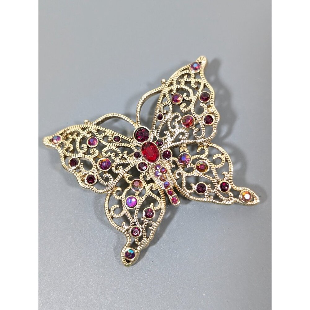 Liz Claiborne Butterfly‎ Brooch Red AB Crystal Filigree Large
